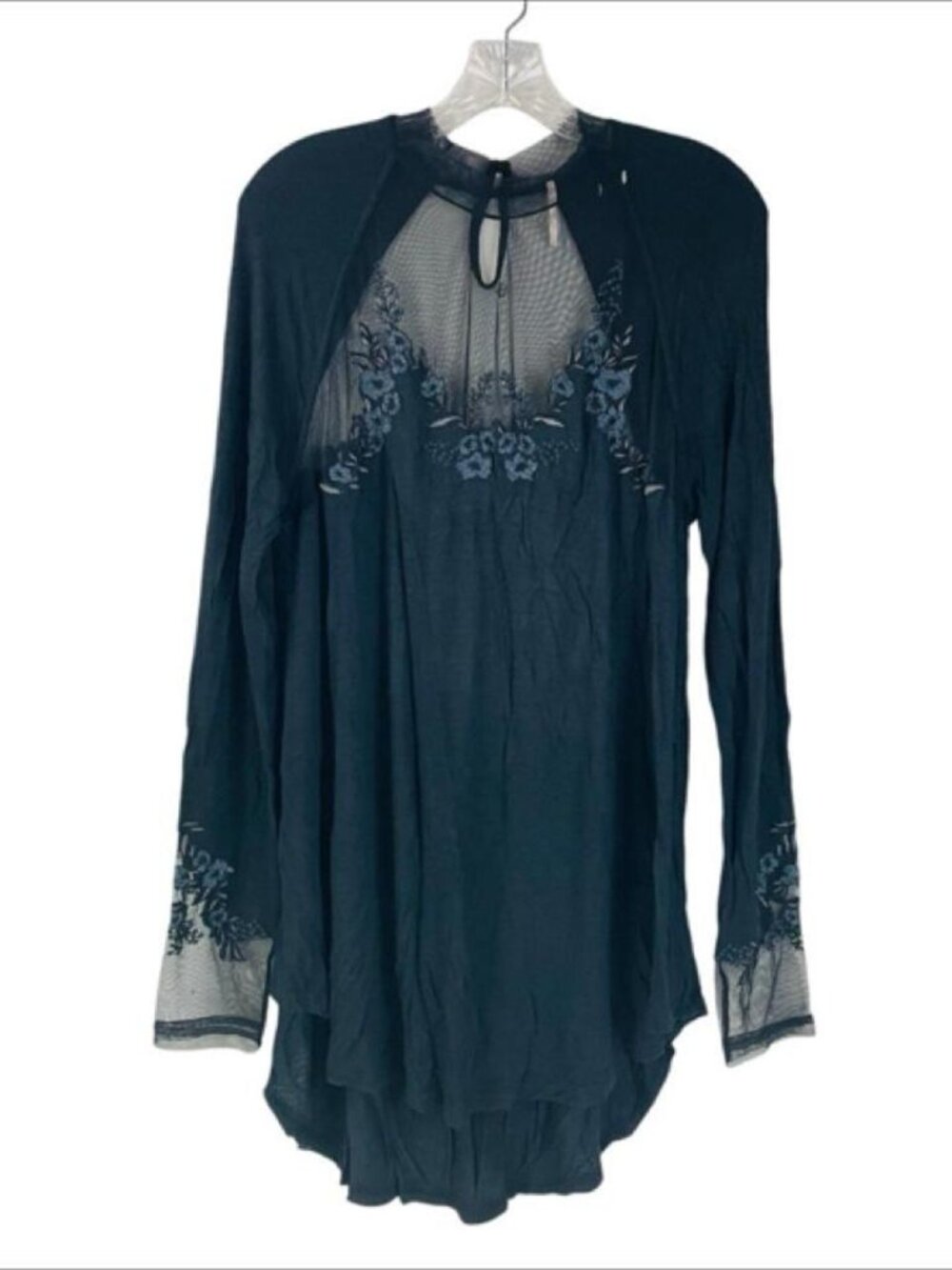 Free People Saheli Black Mesh Floral Embroidered Long Sleeve Tunic Top